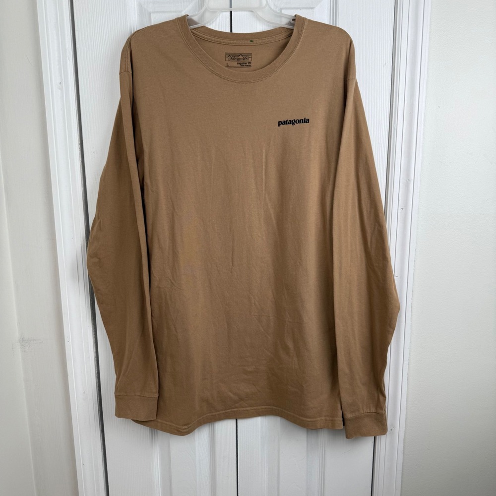 Patagonia Long Sleeve T Shirt Men's Size L Tan Trout Graphic Regular Fit
